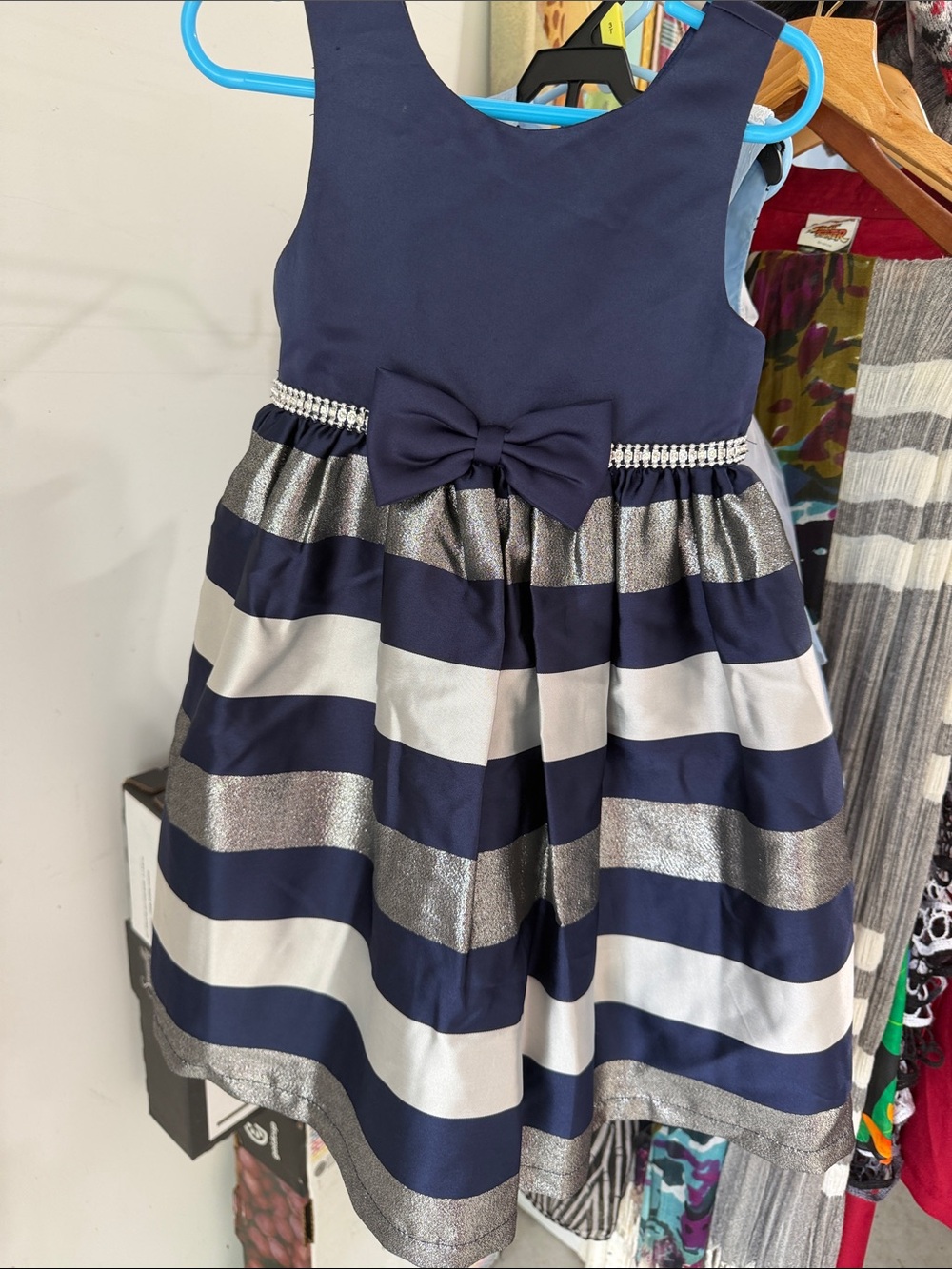 Navy & Silver Striped Bow-Accent Girls' Formal Dress